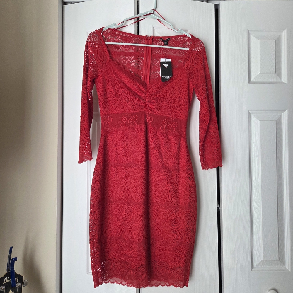 Guess Red Long Sleeve Lace Dress